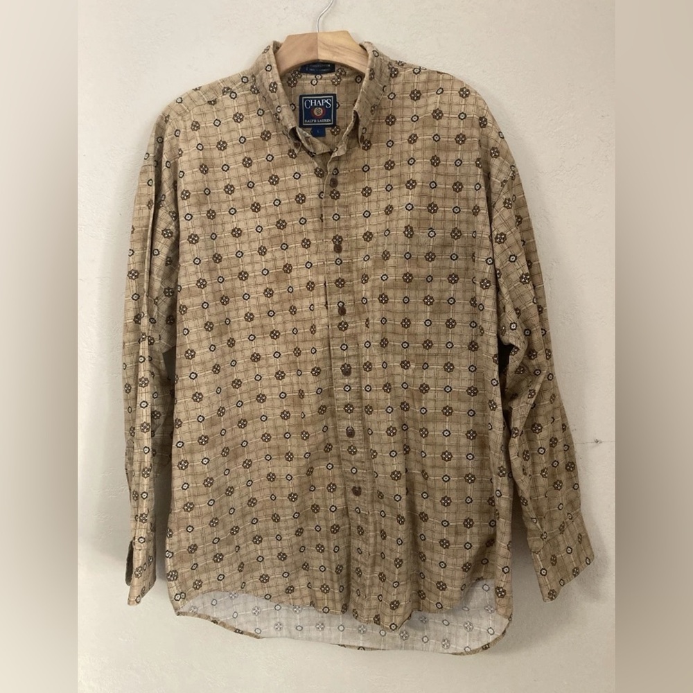Vintage Chaps Ralph Lauren Mens L Medallion Print Button Down Shirt Khaki 90s